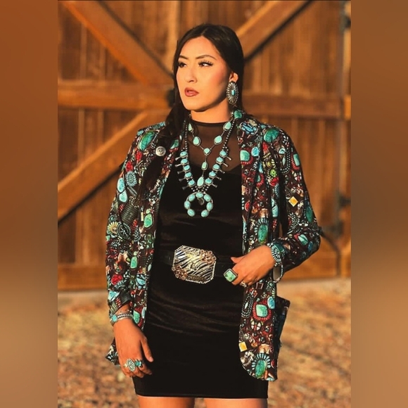 Turquoise Stone Jewelry Printed Blazer - Picture 2 of 3